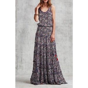 Poupette St. Barth Bety Tassel Tie Georgette Floral Maxi Dress Navy Azalea XS